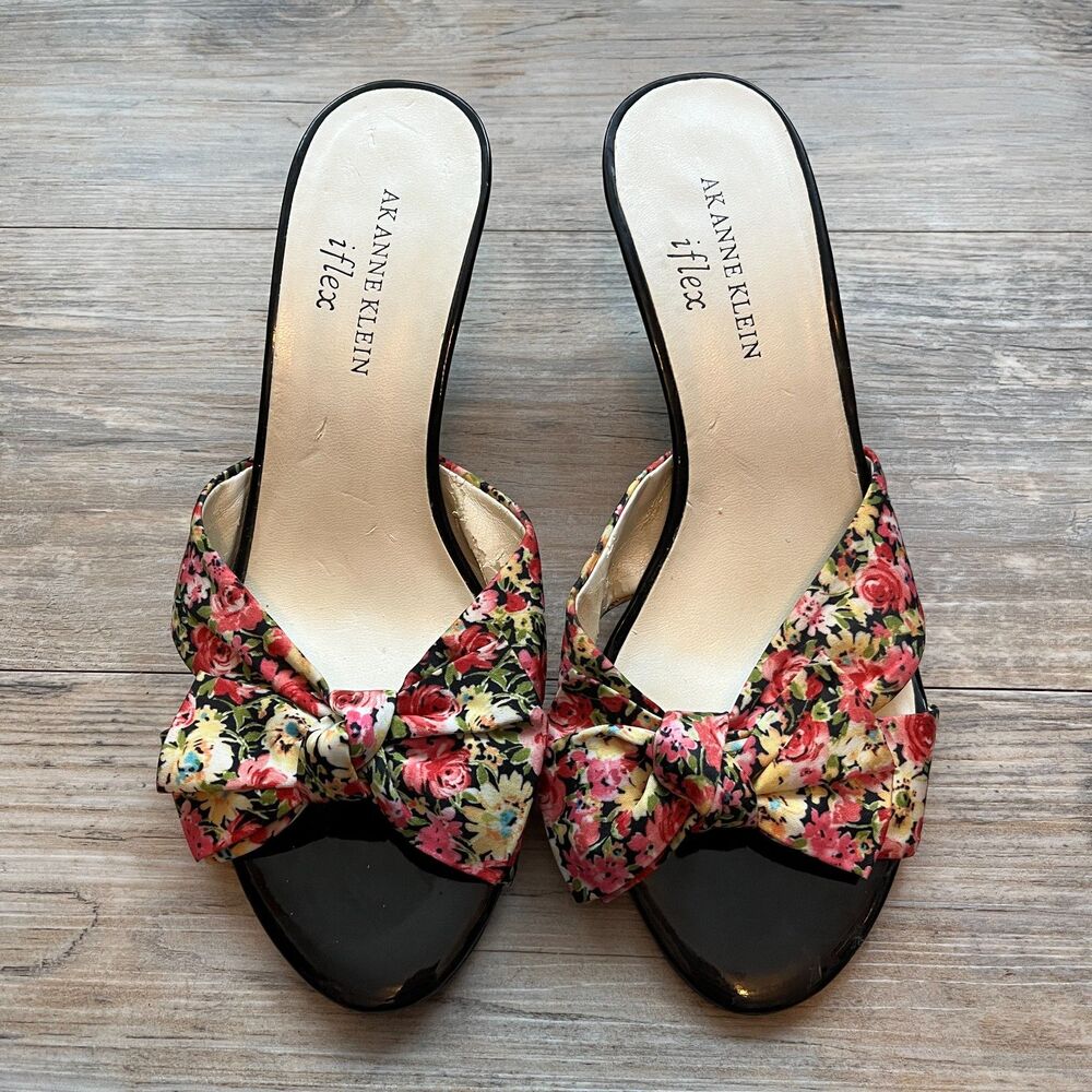 Anne Klein Kitten Heels Y2K Sz 6.5 Bow Floral Black Pink Cute Bright Girly - Picture 3 of 6